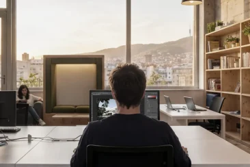 Joven de espaldas con notebook en estudio de arquitectura